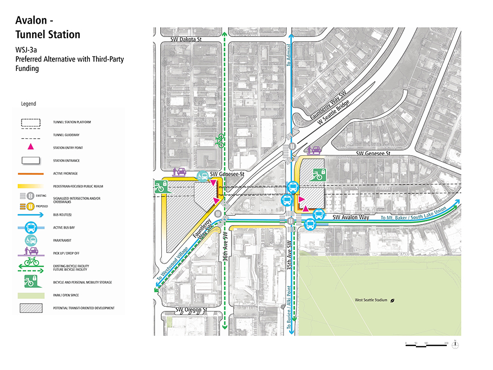 A map that describes how pedestrians, bus riders, bicyclists, and drivers could access the Avalon -Tunnel Station Alternative.
